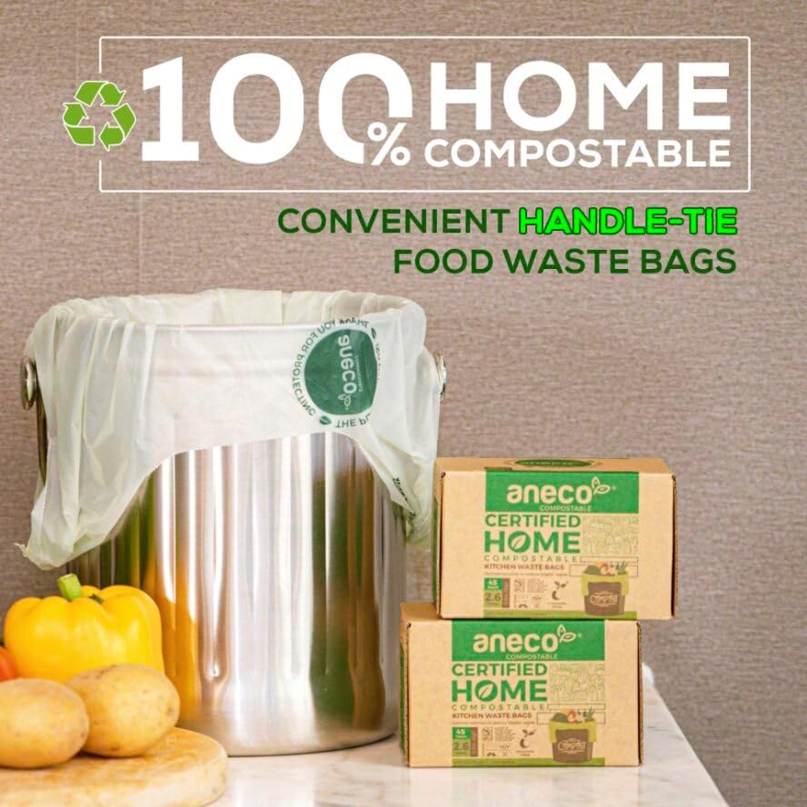 (Include 10 Bonus Bags) ANECO 100% Compostable Waste Bags 2.6 Gallon, Extra Thick Kitchen Small Compost Bags for Countertop Bin, 110 Count (100 + 10 Extra)