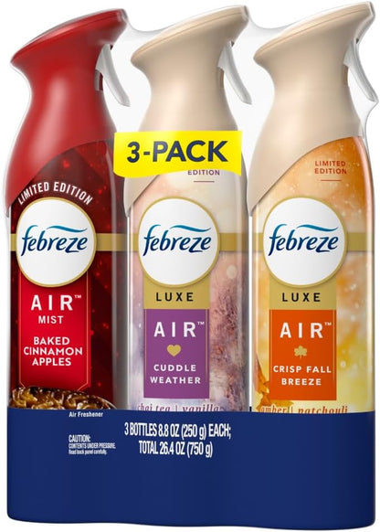 Febreze Air Freshener Spray, Odor-Fighting Room Spray, Crisp Fall Breeze, Cuddle Weather, Baked Cinnamon Apple, 8.8oz, 3 Count