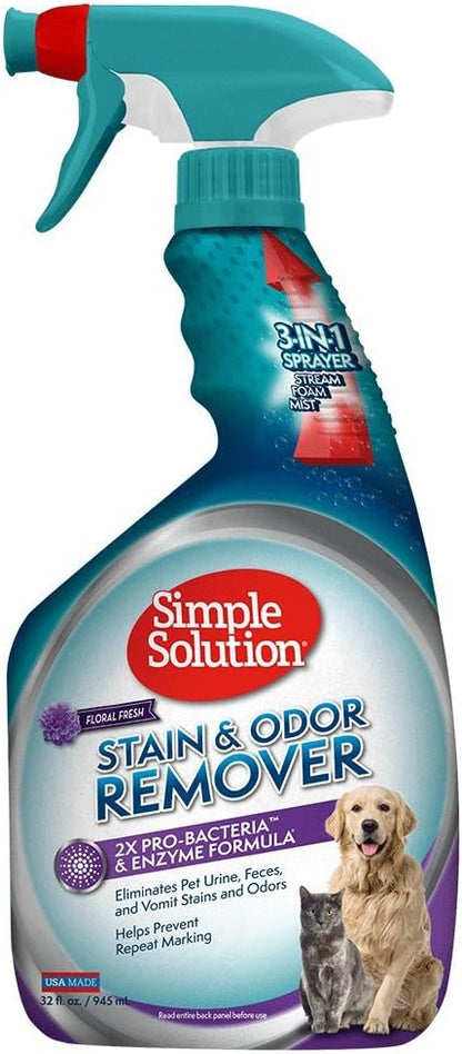 Simple Solution Stain and Odor Eliminator Spray, Enzyme Carpet Cleaner for Dogs and Cats, Pet Stain Remover and Urine Odor Eliminator, Multi Surface Pet Cleaning Solution, 32 oz (Pack of 2)