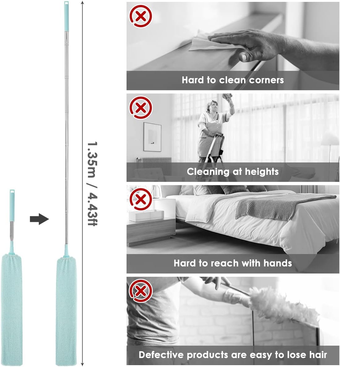 Gap Dust Cleaner Retractable Microfiber Gap Dust Brush Flexible Long Flat Gap Duster with Extendable Pole and Cloth Cover for Sofa Bed Furniture Bottom Ceiling Fan Blinds(Grey)