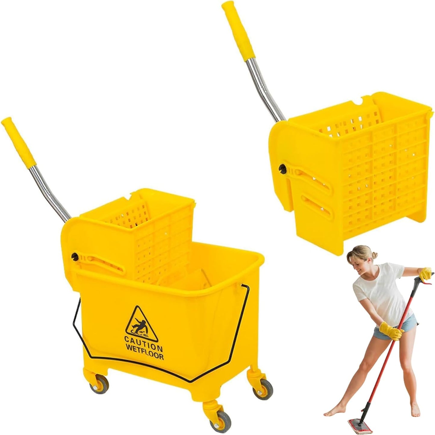 Mop Bucket with Side Press Wringer on Wheels, Industrial Mop Bucket 20 Quart Side Wringer Combo Bucket with Wringer Set for Home Business Cleaning