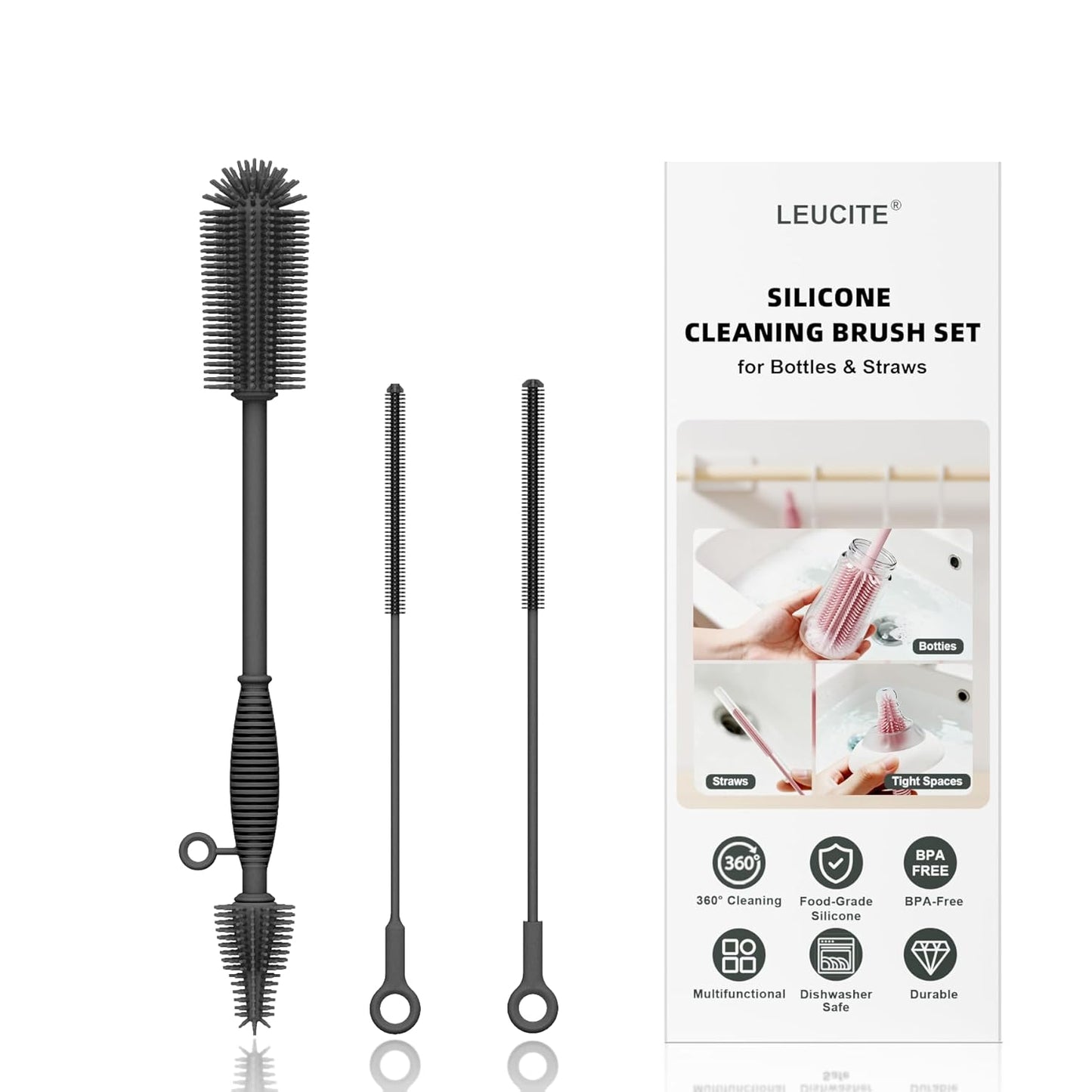 Reusable Silicone Straw Cleaner Brush Set, 2-Pack Extra Long Straw Cleaning Brush for Metal Glass Water Bottle Drinking Straws, Flexible&Bendable Design, Dishwasher Safe, 6mm & 8mm Diameter