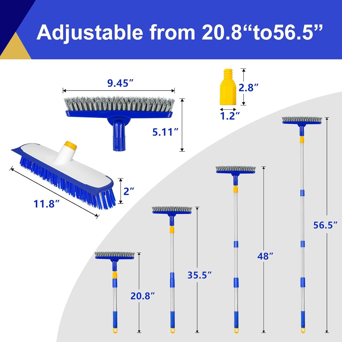 2 Pack Grout Brush with Long Handle, 56.5'' Swivel Grout Cleaning Brush,V-Shape Grout Scrub Brush, Extendable Handle Grout Cleaner Brush for Tile Floors，Bathroom,Baseboard,Shower,Corner