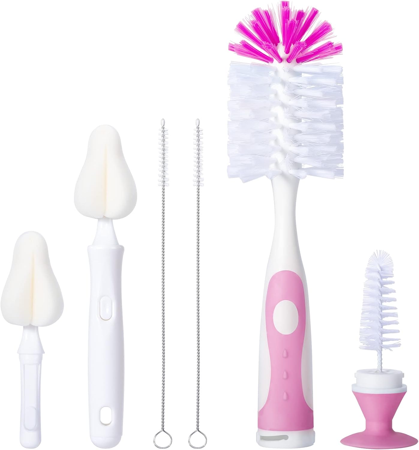 CAREBABYMORE Baby Bottle Brush Set with Nipple Cleaner and Suction, 10.2" Cleaning Brush and 6.5" Sponge Bottle Brush with A Replacement Brush Head and Two 6.7" Straw Brushes, Pack of 5 (Green)