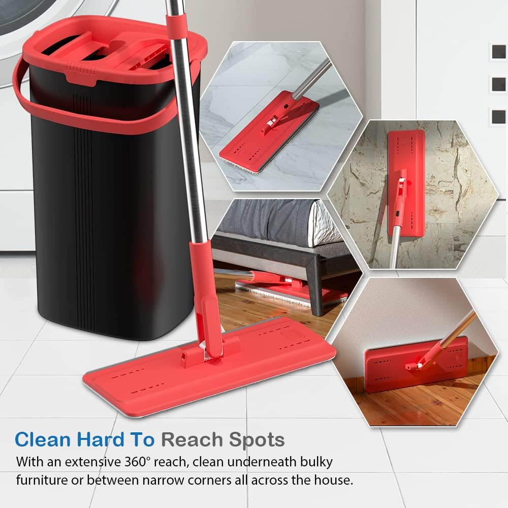 Tethys Flat Floor Mop and Bucket Set for Professional Home Floor Cleaning System with Aluminum Handle/2-Washable Microfiber Pads Perfect Home + Kitchen Cleaner for Hardwood, Laminate, Tiles, Vinyl