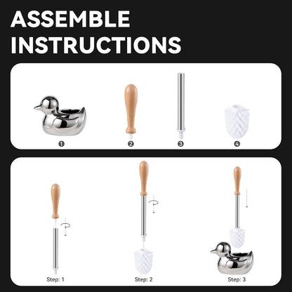 Duck Toilet Brush and Holder Set - Ceramic Bathroom Toilet Scrubber Brush Organizer with Wooden & Stainless SteelHandle, Gold Toilet Brush & Cute Duck Design for Bath Decor Storage