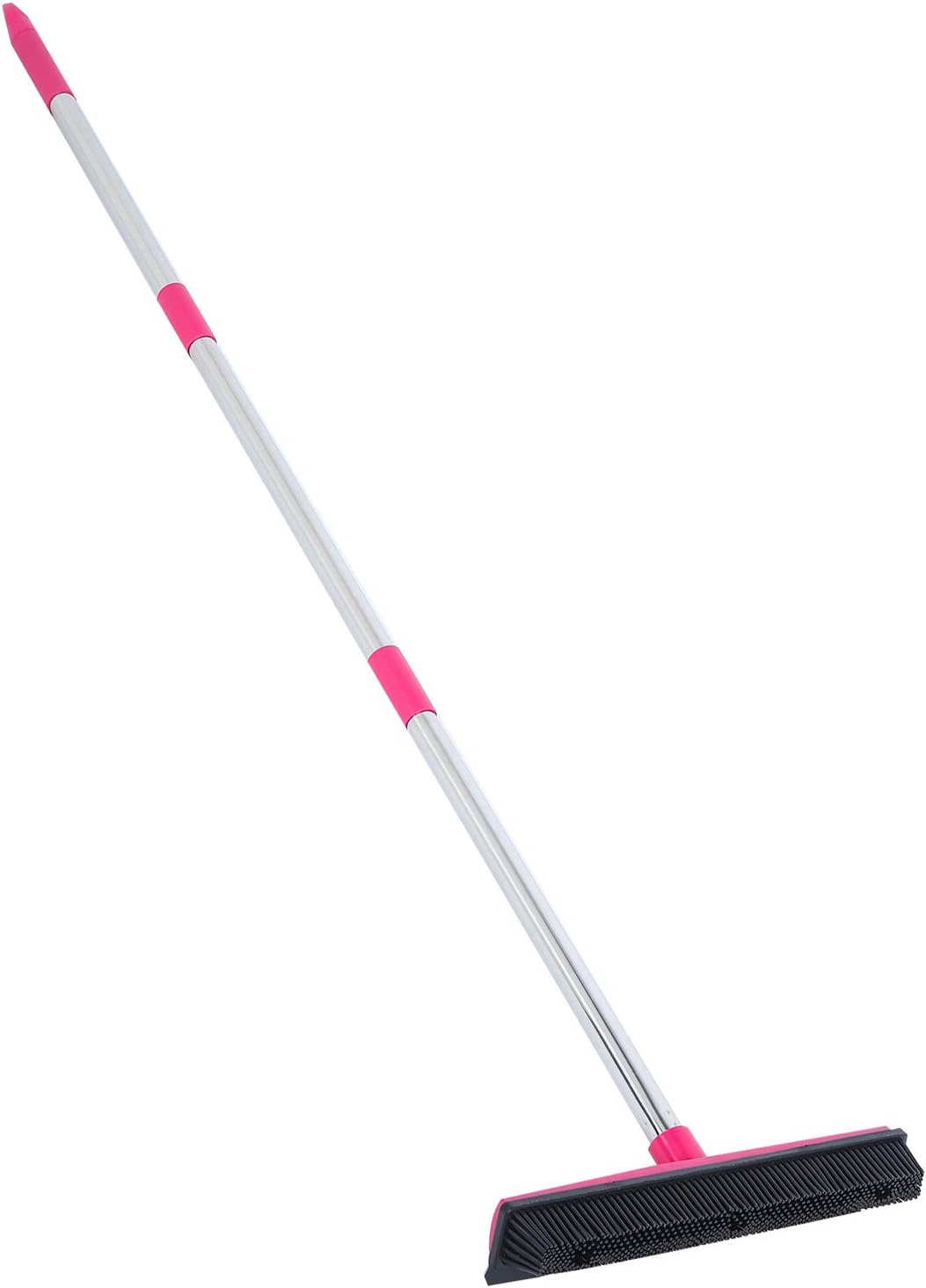 Telescopic Rubber Broom with Squeegee, Multifunction Adjustable Pet Hair Removal Carpet Rake for Fluff Rug Hardwood Floor (Black)
