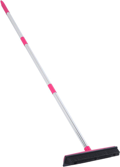 Telescopic Rubber Broom with Squeegee, Multifunction Adjustable Pet Hair Removal Carpet Rake for Fluff Rug Hardwood Floor (Black)