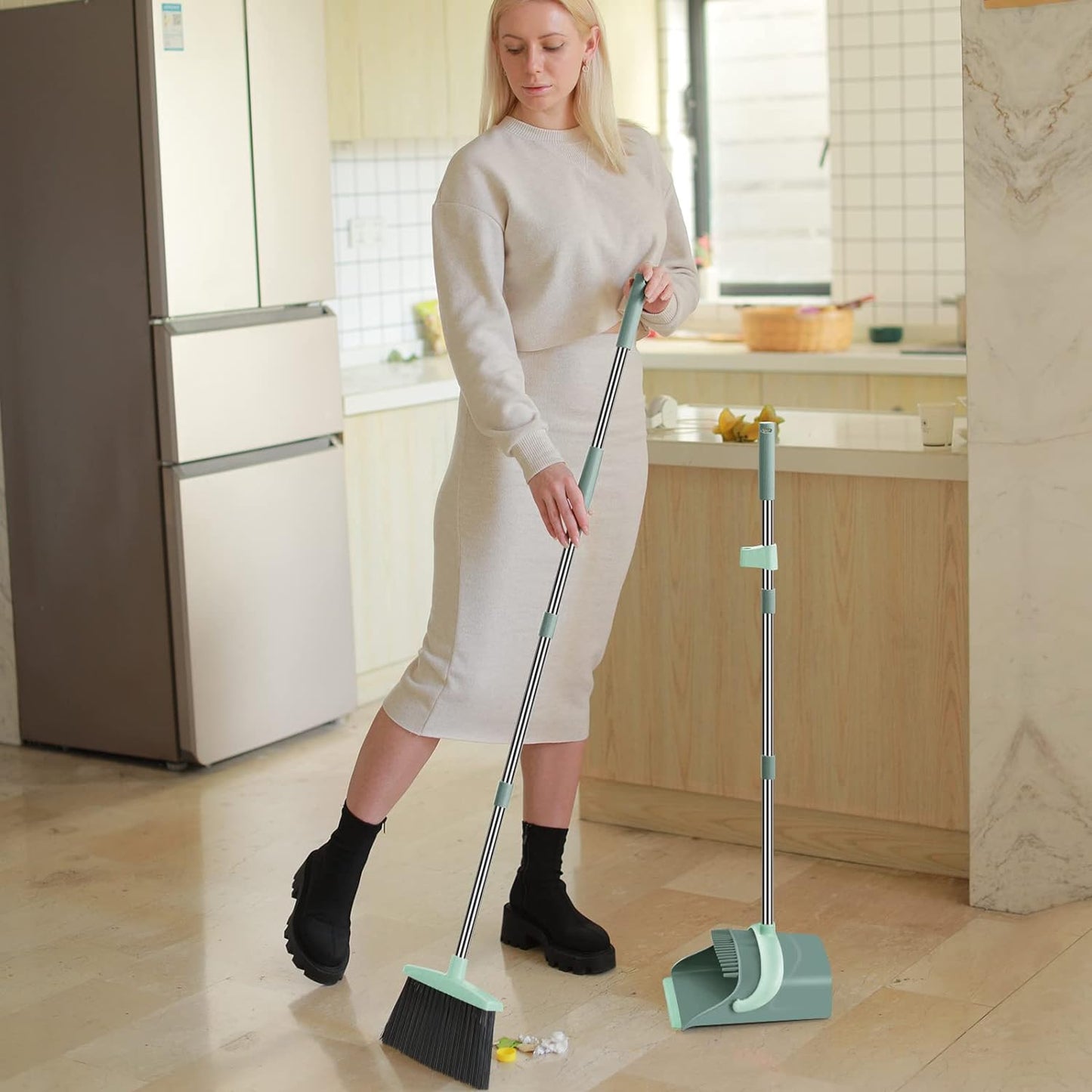 Ivandar Broom and Dustpan Set for Home, Broom and Dustpan Combo for Office, Long Handle Broom with Upright Standing Dust pan,Indoor&Outdoor Sweeping (Gray&Orange)