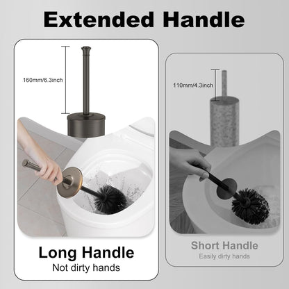 Stain Nickel Toilet Brush and Holder，Extra Long Handled Toilet Brush for Bathroom，Stainless Steel Heavy Duty Toilet Bowl Brush,Removable Inner Bowl,Deep Cleaning Dense Bristles Brush -Space Saving