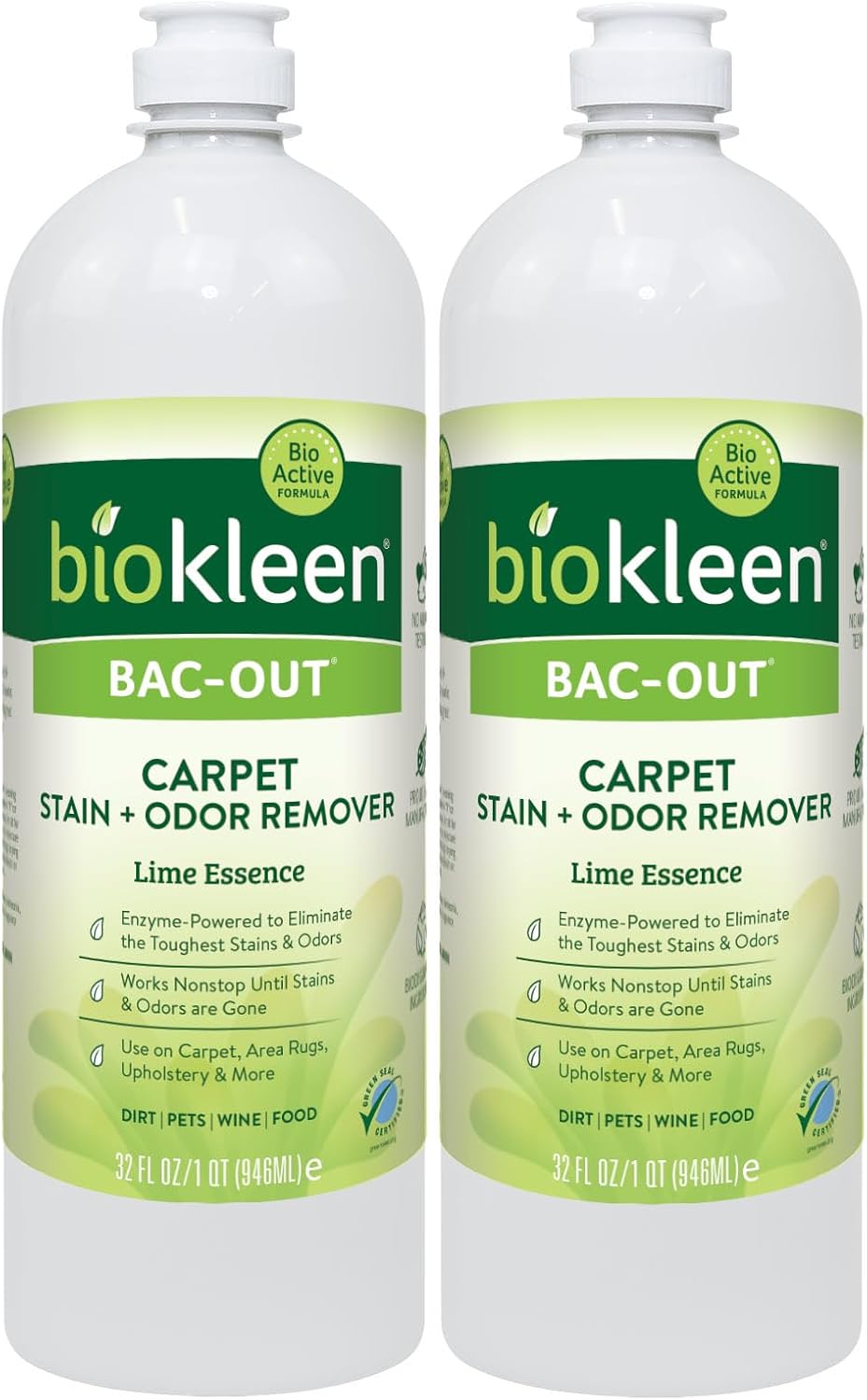 Biokleen Bac-Out Enzyme Cleaner Spray and Stain & Odor Remover for Pet Stains, Laundry, Diapers, Wine, Carpets, & More, Eco-Friendly, Non-Toxic, Lime Scent, 32 Ounces