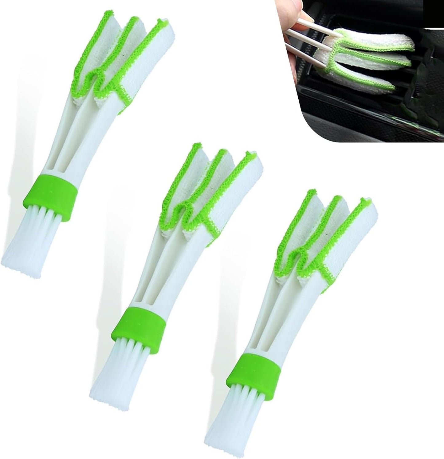 3 PCS Mini Duster for Car Air Vent, Dual-ended 3 Arm Microfiber & Soft Brush Head, Portable Washable Cleaning Tool, for Air Conditioning Vent & Fan & Keyboard & Blind (Green)
