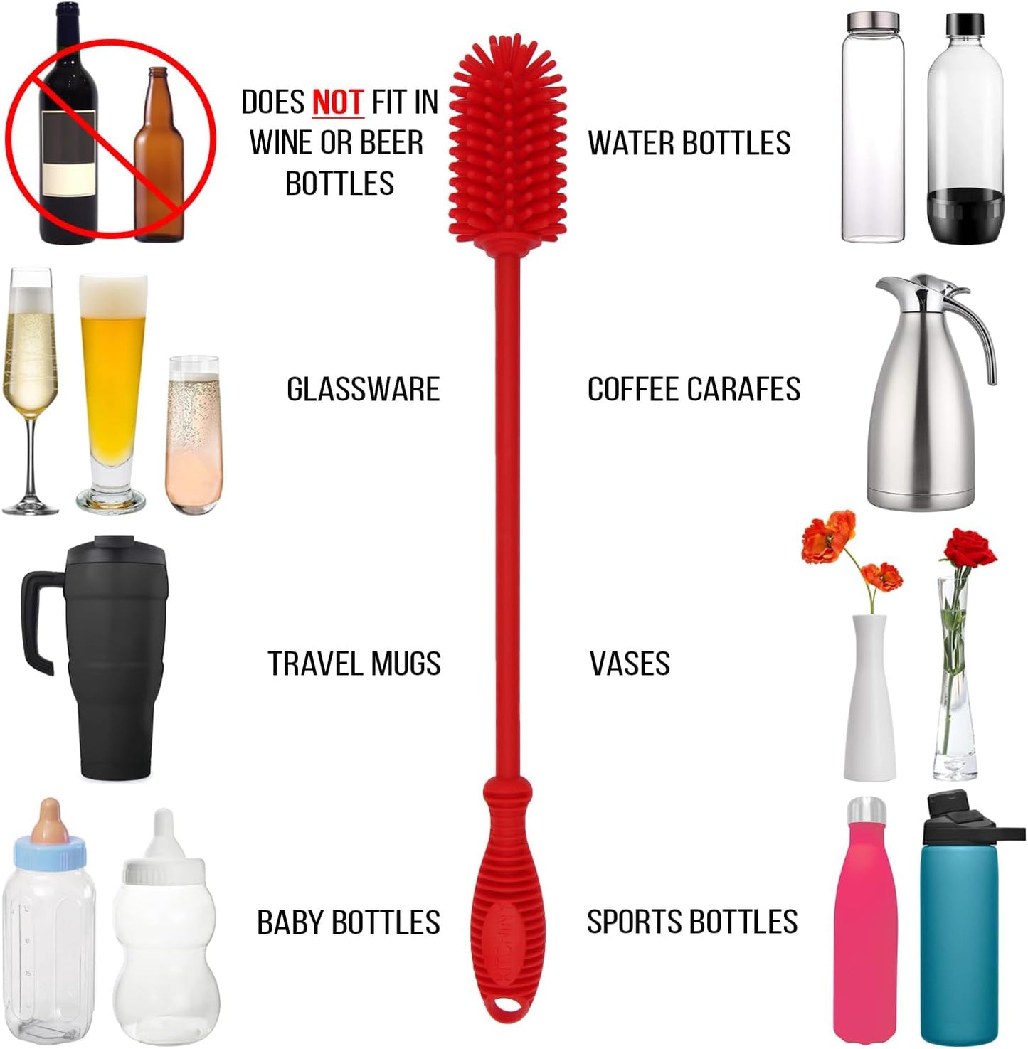 Kitchiny Silicone Bottle Brush with 2 Straw Cleaners - 12.5” Water Bottle Cleaner Brush for Yeti, Hydro Flask, Owala, Stanley, Baby Bottles, Glassware, Vases & Narrow Neck Containers - Grey