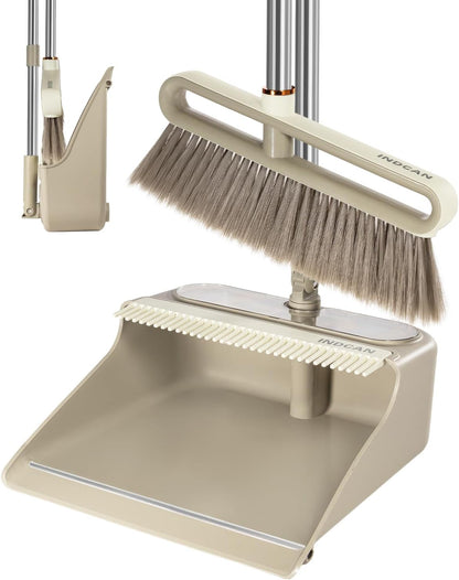 INDCAN Broom and Dustpan Set with 52" Adjustable Long Handle, Upright Standing Dustpan with Comb Teeth, Foldable Dustpan, Angled Broom Head for Corners, Indoor Floor Sweeping Set (Santra Lite)