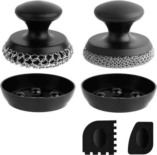 Cast Iron Scrubber Cleaner, Chainmail Scrubber for Cast Iron Pan Skillet, Dish Scouring Pad, 316 Stainless Steel Brush/Scraper for Metal Skillet Scrubbing, Wok, Dutch Oven Cleaning Kit - Thin Mesh