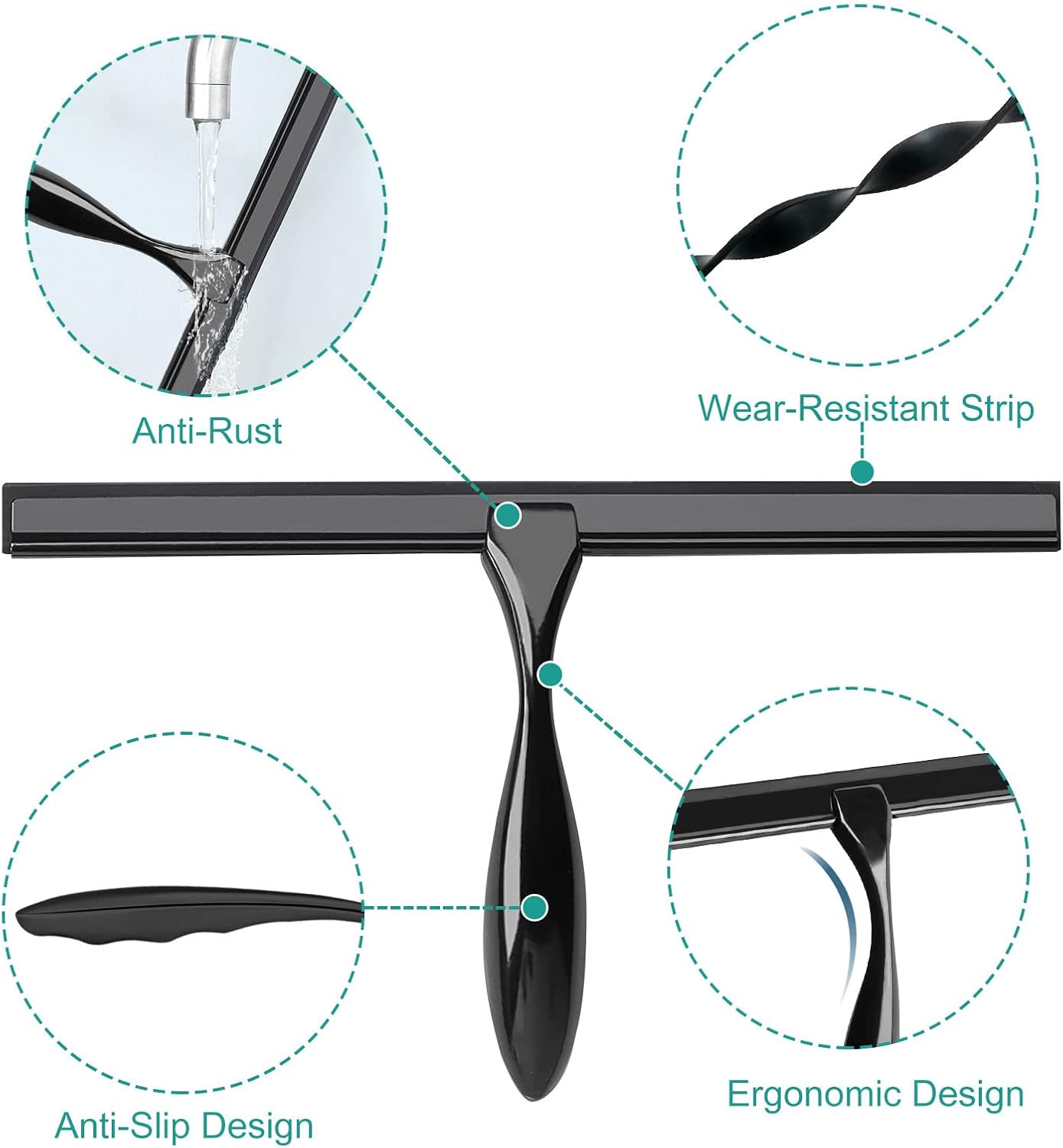 Shower Squeegee for Glass Doors,12-Inch Shower Glass Squeegee, Sliver Shower Squeegee for Shower Doors,Mirror,Windows, with Shower Door Hook and Adhesive Hook