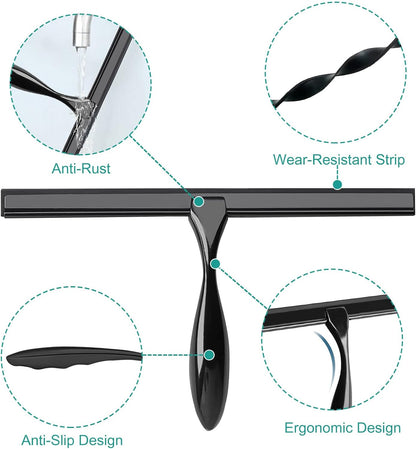 Shower Squeegee for Glass Doors,12-Inch Shower Glass Squeegee, Sliver Shower Squeegee for Shower Doors,Mirror,Windows, with Shower Door Hook and Adhesive Hook