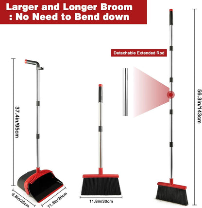 Broom and Dustpan Set, Long Handle Lightweight Dustpans with Broom Combo for Home, Indoor&Outdoor Sweeping for Home Room Kitchen Office Lobby (Charcoal)