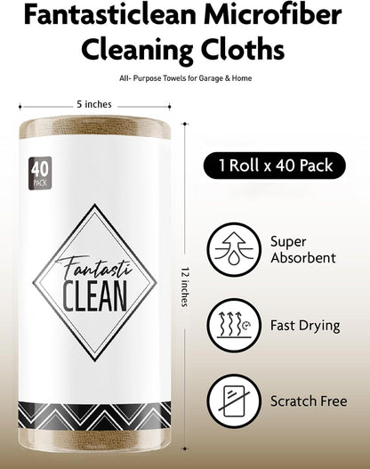 Fantasticlean Microfiber Cleaning Cloth Roll -40 Pack, Tear Away Microfiber Towels, 12" x 12", Reusable, Washable, Scratch Free, Ultra Absorbent Dishcloth for All-Around Cleaning Supplies (White)