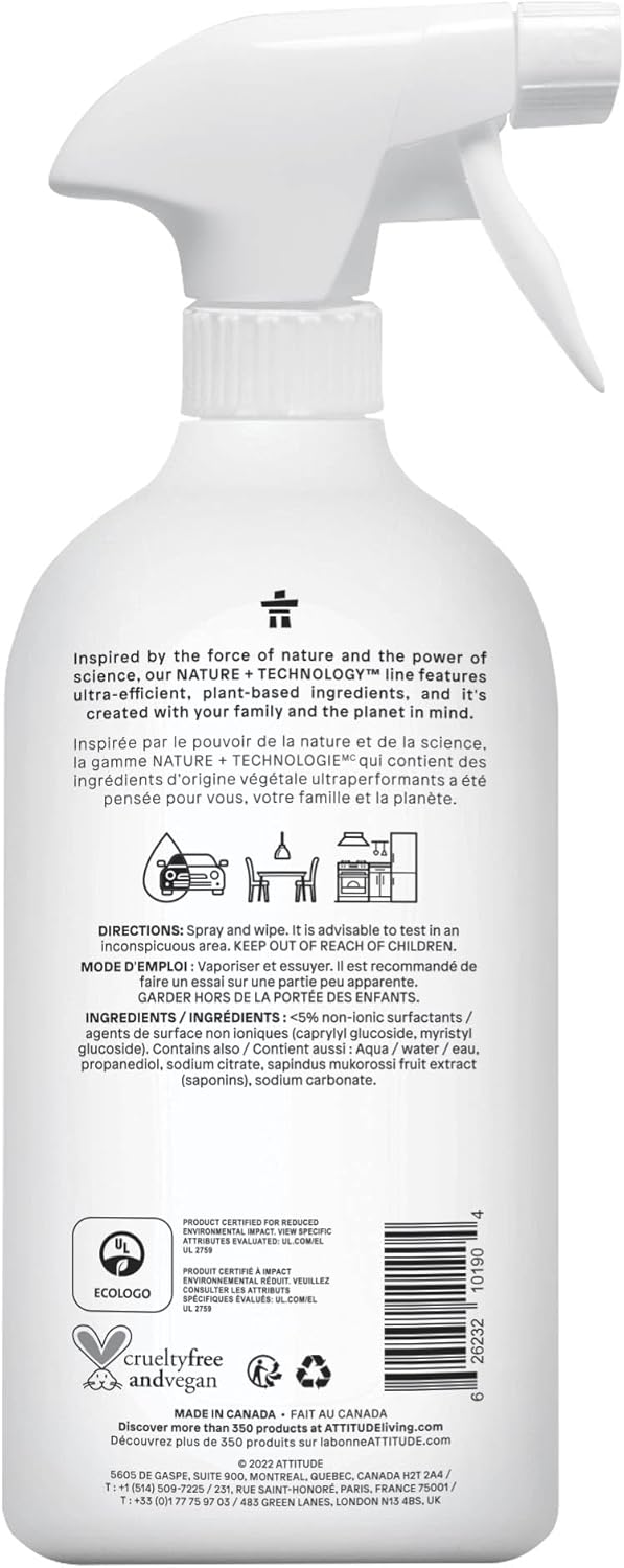 ATTITUDE All Purpose Cleaner Spray, EWG Verified, Vegan, Made with 94% Plant-Based Ingredients, Streak-Free for Kitchen, Bathroom, Glass & More, Citrus Zest Scent, 27.1 Fl Oz