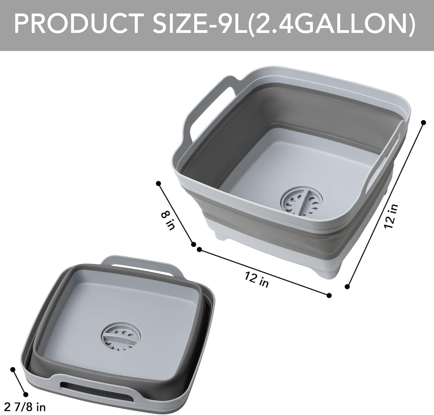 2 Pack Dishpan for Washing Dishes, 2.4Gal/9L Wash Basin with Draining Plug Carry Handles, Collapsible Bucket for Cleaning, Portable Sink, Foldable Plastic Tub