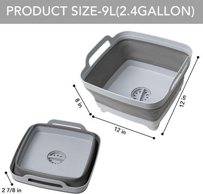 2 Pack Dishpan for Washing Dishes, 2.4Gal/9L Wash Basin with Draining Plug Carry Handles, Collapsible Bucket for Cleaning, Portable Sink, Foldable Plastic Tub