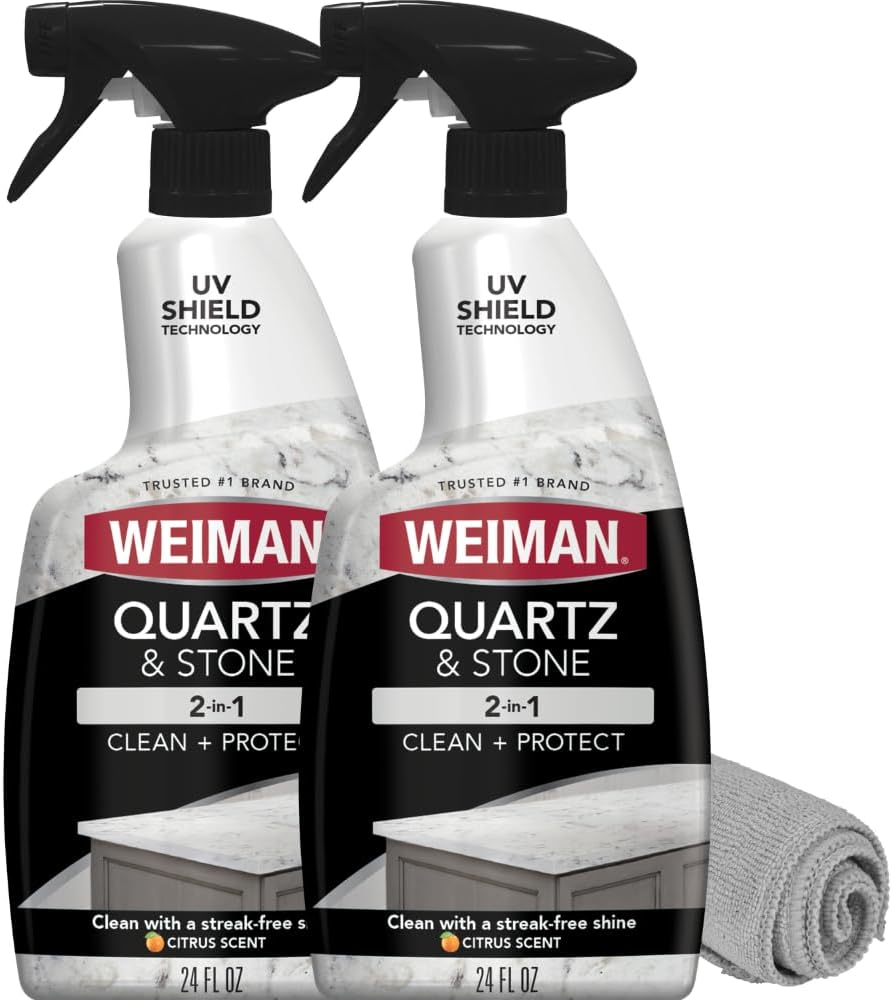 Weiman Quartz Countertop Cleaner and Polish - Clean and Shine Your Countertops Islands and Stone Surfaces with UV Protection, 24 Ounce with MicroFiber Towel, 2 Pack