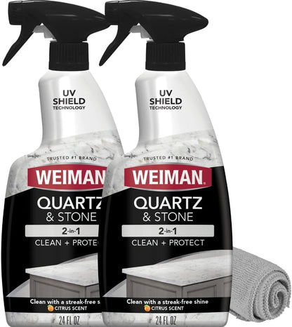 Weiman Quartz Countertop Cleaner and Polish - Clean and Shine Your Countertops Islands and Stone Surfaces with UV Protection, 24 Ounce with MicroFiber Towel, 2 Pack