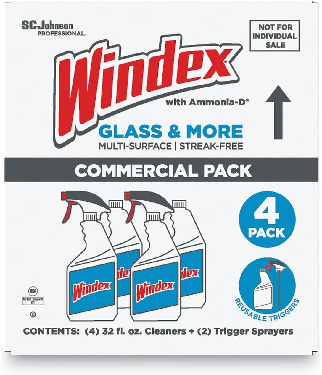 SC Johnson Professional Windex Glass and More Multi-Surface Cleaner, Windex Glass Cleaner Refill, Multi Surface Cleaner, 128 fl. oz. Bottles, 4 Count, for Professional Use Only