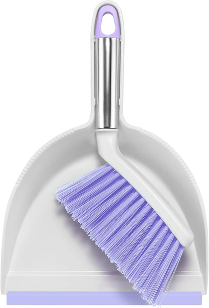 NACENA Mini Broom and Dustpan Set, Small Dust Pan and Brush Set with Handle Dustpan Teeth for Cleaning Hair Suitable for Office Desks Drawers Sofas Outdoor Camping, Light & Purple