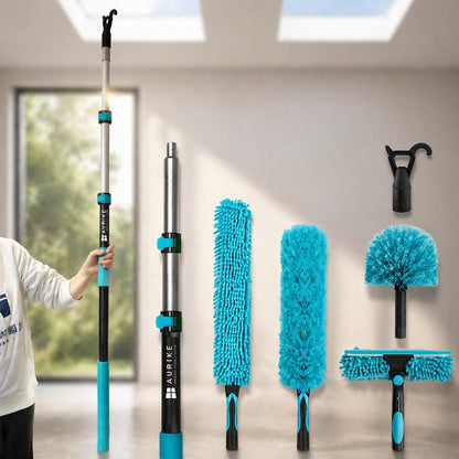 High Ceiling Duster Kit with 3-8FT Heavy Duty Extension Pole, Reaches Up to 13FT, Includes Microfiber Feather Duster, Cobweb and Ceiling Fan Duster, Window Squeegee Cleaner & Skylight Hook (8FT)