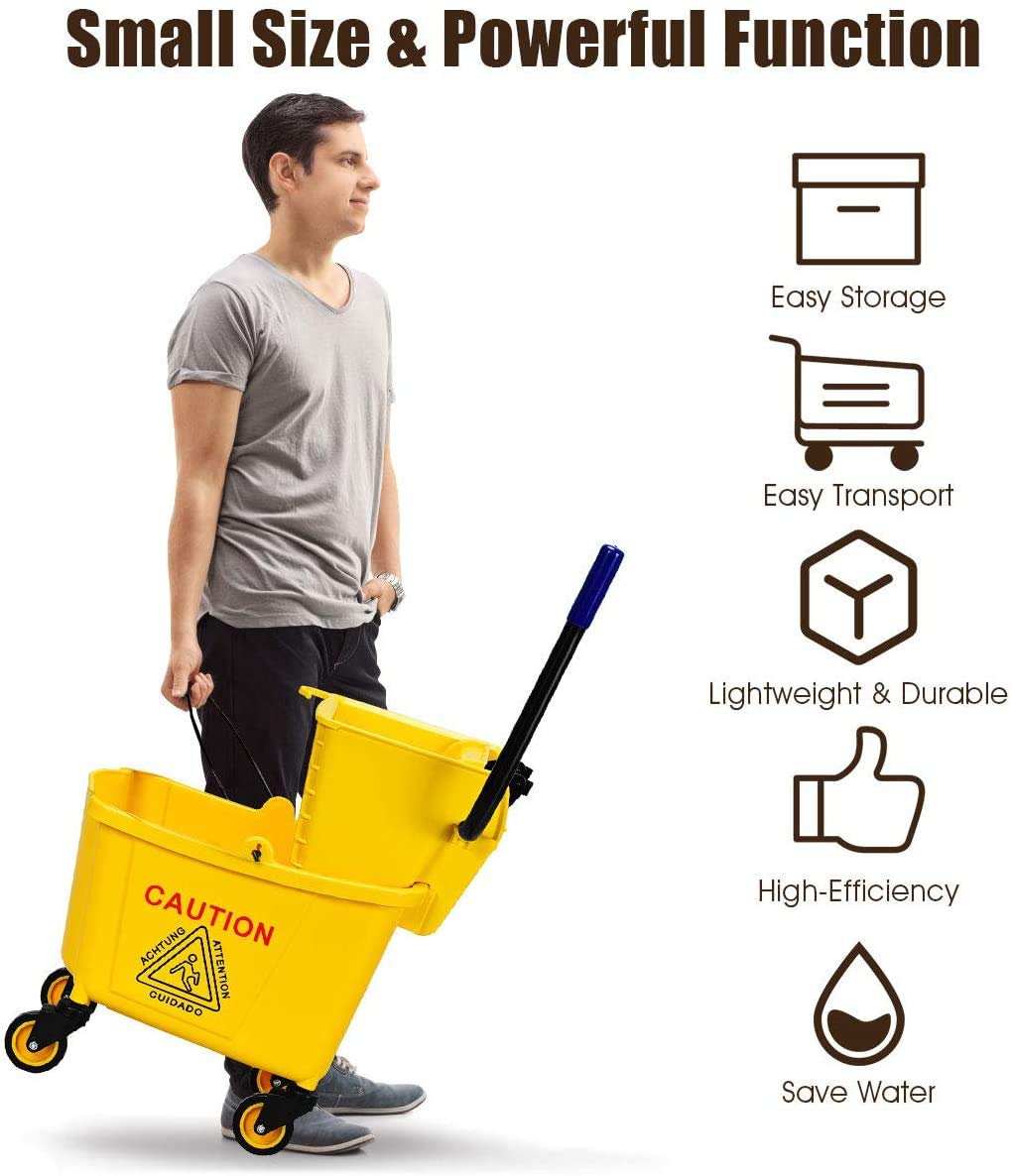 ReunionG Commercial Mop Bucket, Household Bucket with Wringer, Side Press Mop Bucket with Wheel and Handle, Side Press Wringer Trolley with Ergonomic Rocker for Easy Water Drain, Yellow (26 Quart)