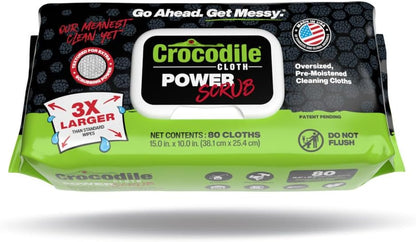 Crocodile Cloth PowerSCRUB Cleaning Wipes – 80 (15" x 10") Dual-Surface Cloths, Heavy-Duty, Moist, Absorbent, & Disposable - Safe on Skin & Multiple Surfaces