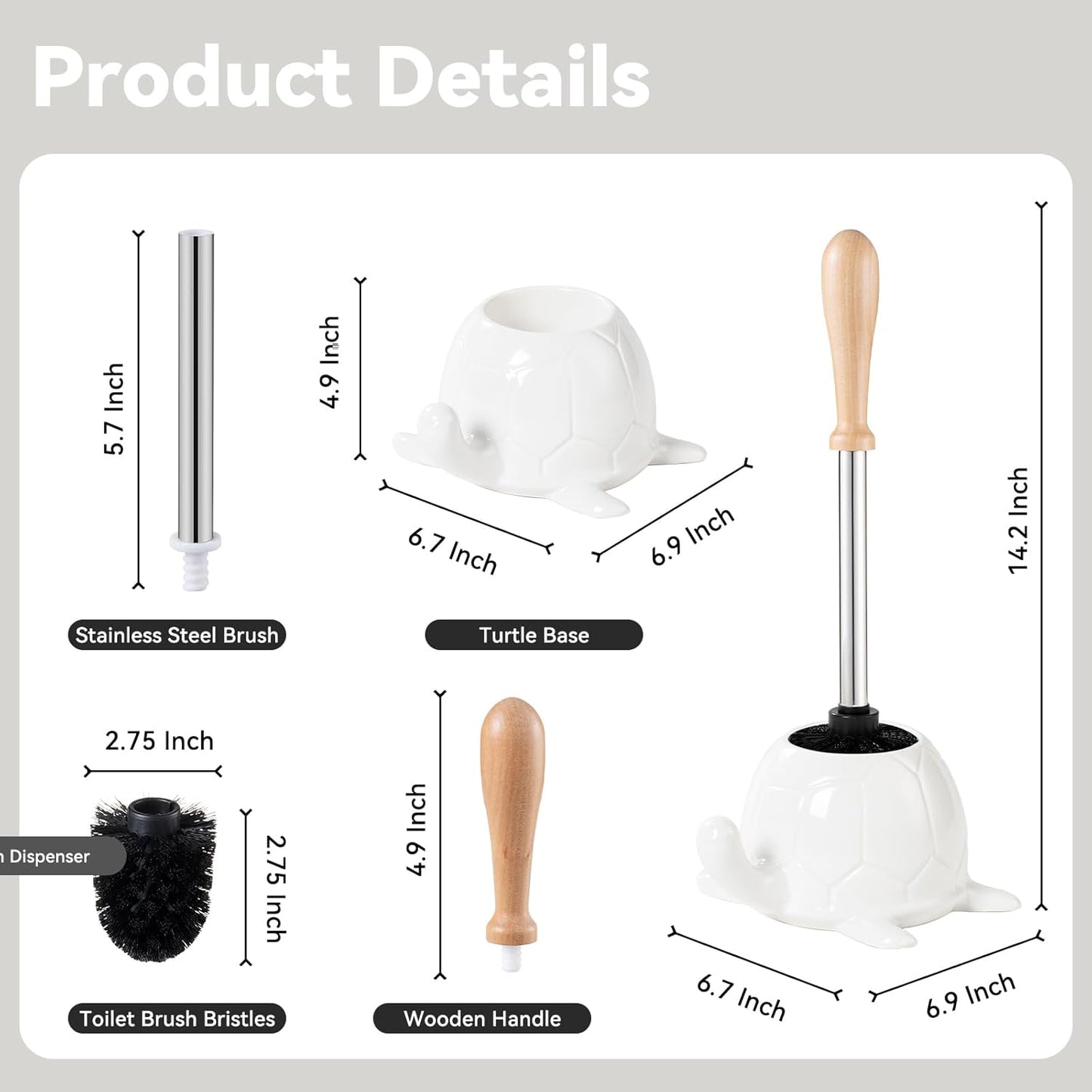 Turtle Base Toilet Brush Set - Gold Ceramic Toilet Scrubber Brush 7.5” Bowl Cleaner with Ergonomic Handle, Mini Cute Bathroom Cleaning Brush - Bathroom Decor