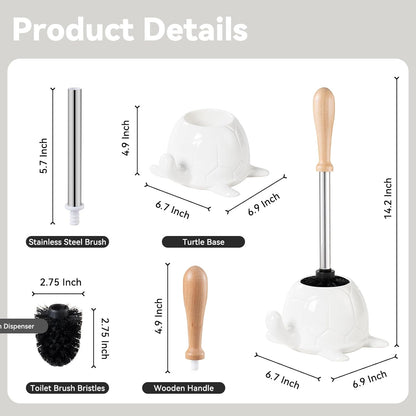 Turtle Base Toilet Brush Set - Gold Ceramic Toilet Scrubber Brush 7.5” Bowl Cleaner with Ergonomic Handle, Mini Cute Bathroom Cleaning Brush - Bathroom Decor
