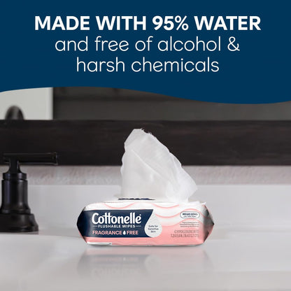 Cottonelle Fragrance Free Flushable Wet Wipes, Adult Wet Wipes, 2 Flip-Top Packs, 42 Wipes Per Pack