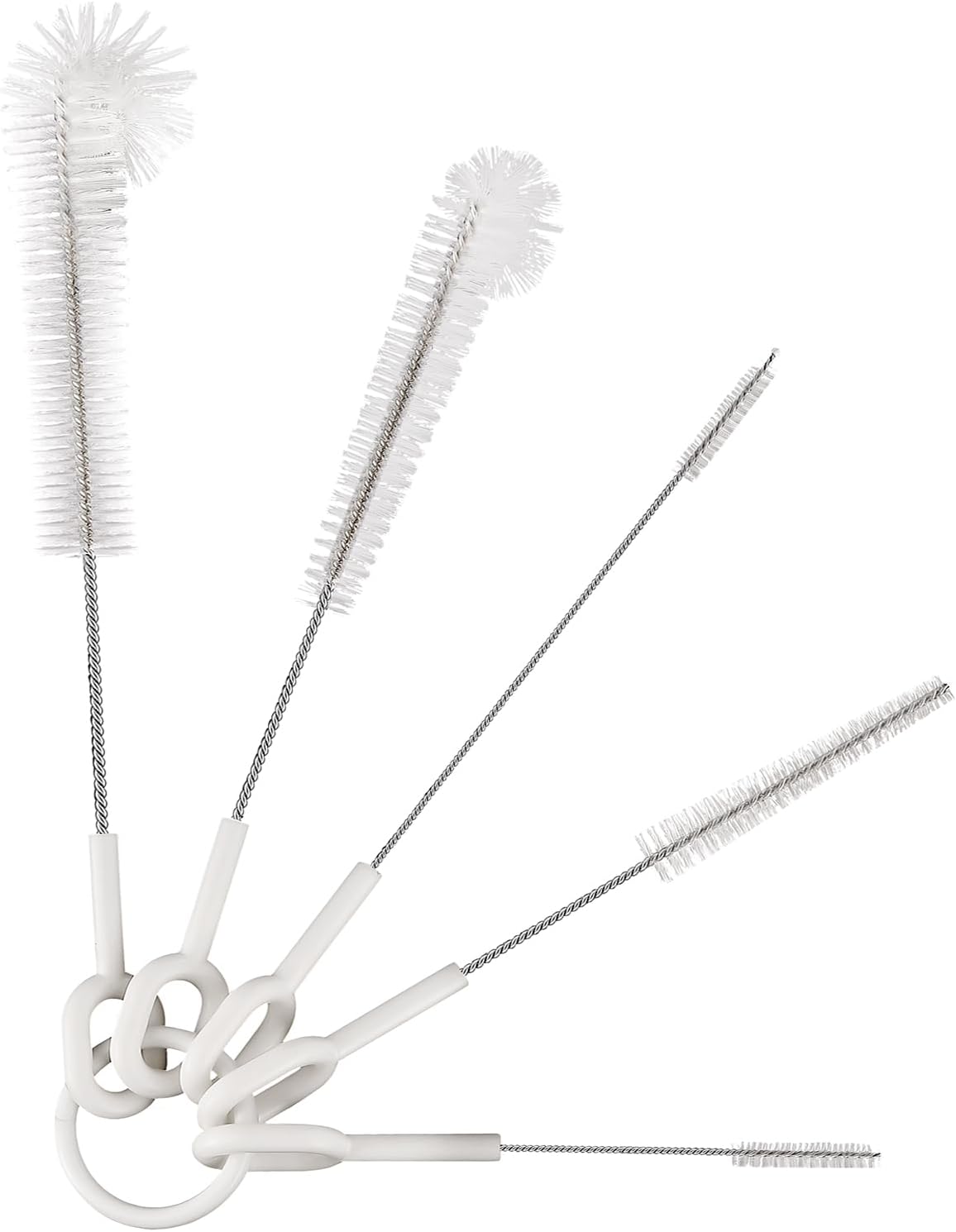 Straw Cleaner Brush Set, 5 Pcs Multi-Size Flexible Cleaning Brushes with Holder Ring, Long Pipe Cleaners for Reusable Straws, Water Bottles, Tumblers and Sippy Cups, White