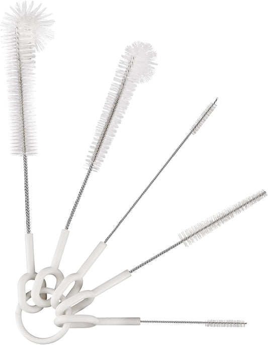 Straw Cleaner Brush Set, 5 Pcs Multi-Size Flexible Cleaning Brushes with Holder Ring, Long Pipe Cleaners for Reusable Straws, Water Bottles, Tumblers and Sippy Cups, White
