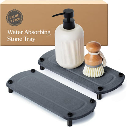 2PCS Water Absorbing Stone Soap Tray for Kitchen Bathroom Sink, Quick Dry Diatomaceous Earth Drying Rack and Shower Caddy, Soap Dispenser and Sponge Holder Organizer for Countertop, TWINKLE MOMENT; Pure White