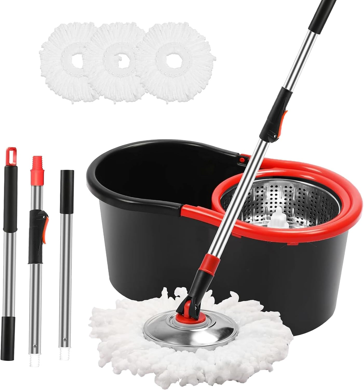 Spin Mop and Bucket Set, 360° Spinning Mop and Bucket System, for Mop Floor Cleaning, with 3 Microfiber Mop Replacement Heads and 61" Stainless Steel Adjustable Handle