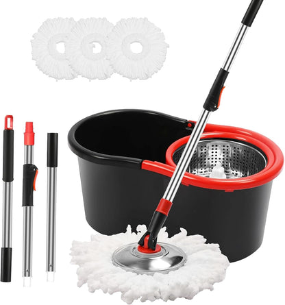 Spin Mop and Bucket Set, 360° Spinning Mop and Bucket System, for Mop Floor Cleaning, with 3 Microfiber Mop Replacement Heads and 61" Stainless Steel Adjustable Handle