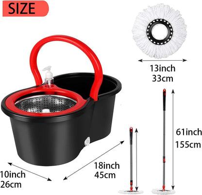 Spin Mop and Bucket with Wringer Set,for Floor Cleaning,with Floor Scrub Brush,61" Adjustable Handle and 6 Microfiber Mop Head(White)