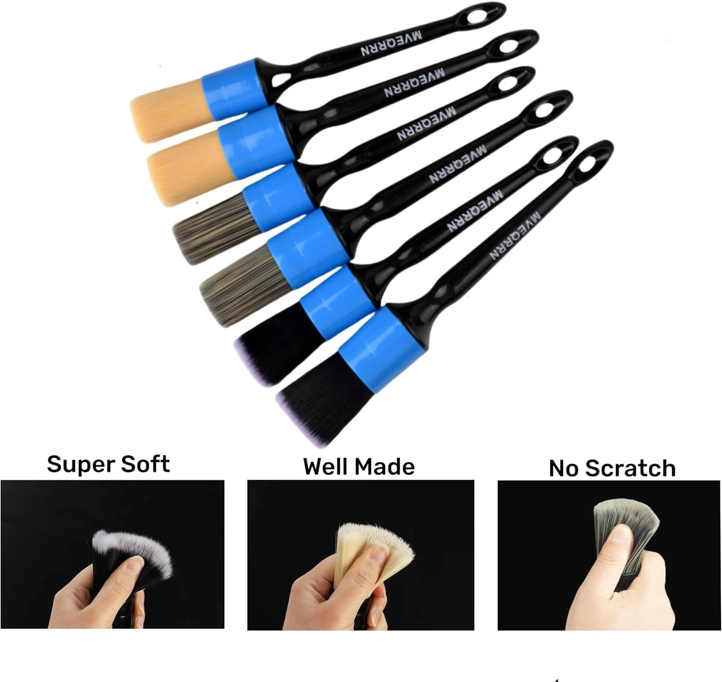MVEQRRN 6pcs Car Detailing Brush Set-2pcs Boars Hair Car Detailing Brushes,2pcs Ultra Soft No Scratch Detailing Brush for Air Vent,Leather Seat 2pcs Detail Brushes car Detailing for Interior Exterior