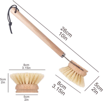 AMERWASH PLUS Dish Brush with Wooden Handle, Natural Kitchen Brush for Dishes Vegetable, Pots and Pans, Tampico Fiber Bristles Scrubber, Extra 3 Pack Replacement Head Included