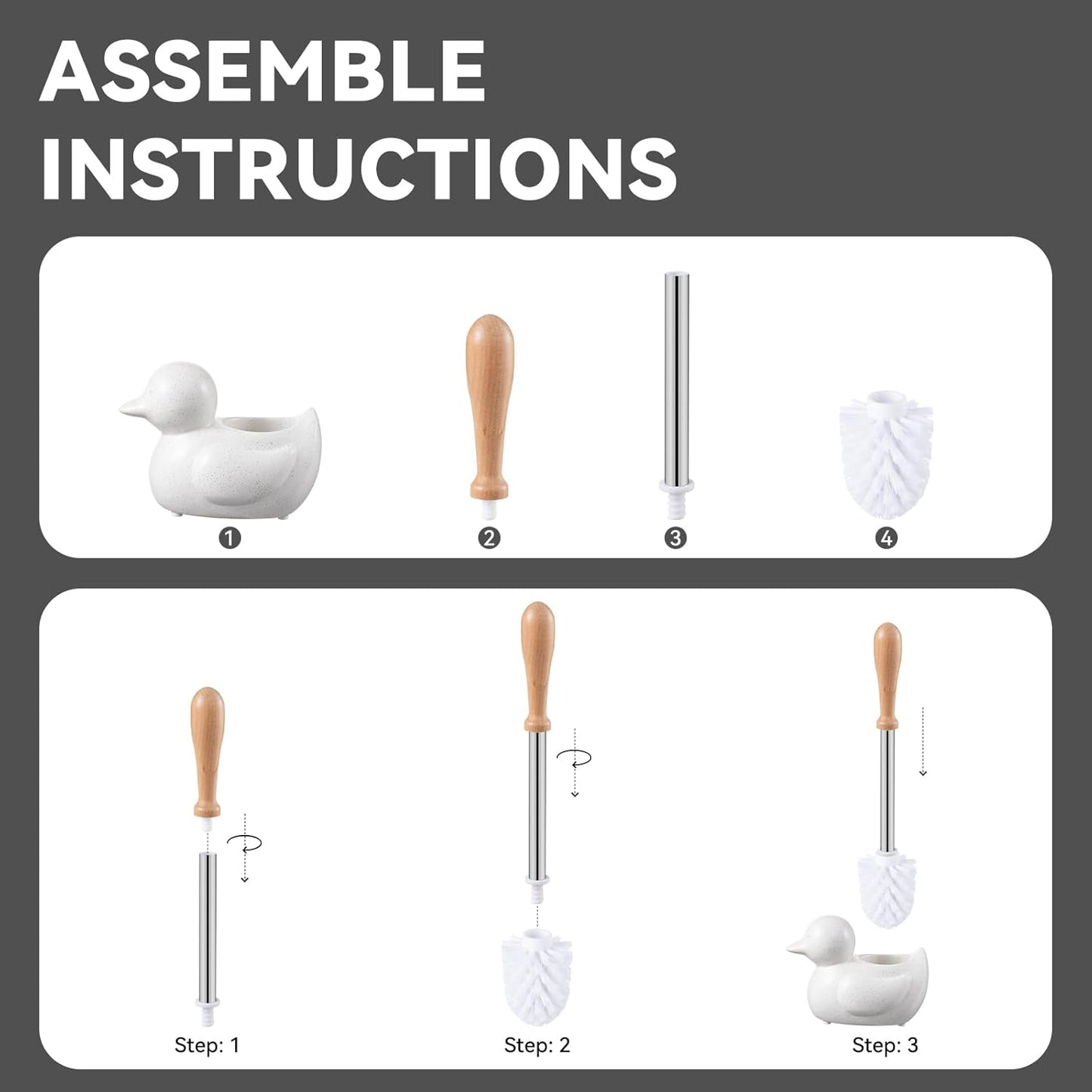 Duck Toilet Brush and Holder Set - Ceramic Bathroom Toilet Scrubber Brush Organizer with Wooden & Stainless SteelHandle, Gold Toilet Brush & Cute Duck Design for Bath Decor Storage