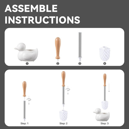 Duck Toilet Brush and Holder Set - Ceramic Bathroom Toilet Scrubber Brush Organizer with Wooden & Stainless SteelHandle, Gold Toilet Brush & Cute Duck Design for Bath Decor Storage