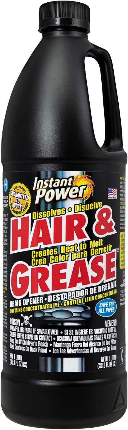 Instant Power Hair and Grease Drain Cleaner - Shower Drain & Sink Cleaner, Liquid Clog Remover, Made in USA, Sink Deodorizer - 1 Liter (Pack of 2)
