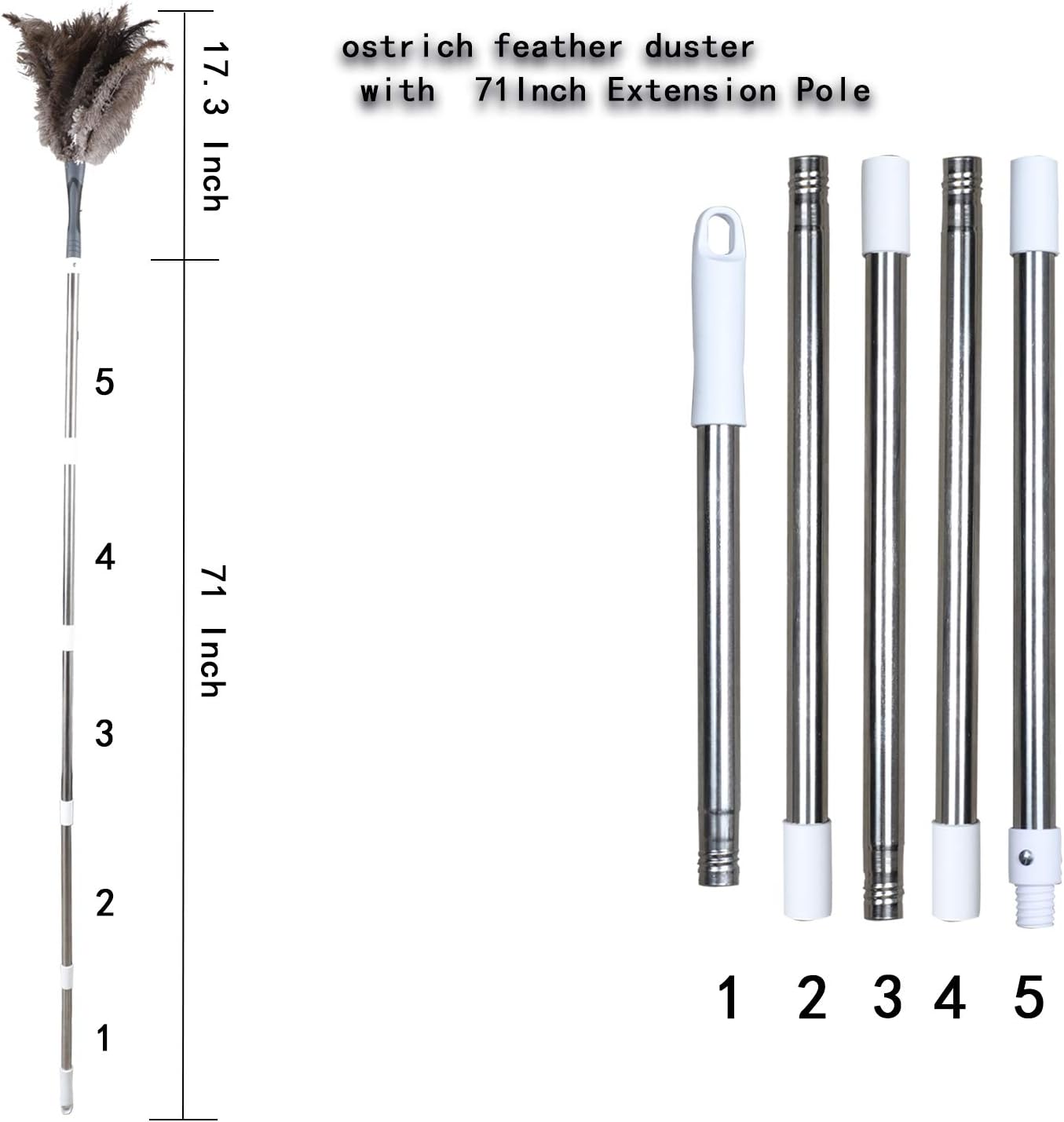 Midoneat Gray Ostrich Feather Duster with 71 Inch Extendable Pole, Microfiber Duster for Home Cleaning