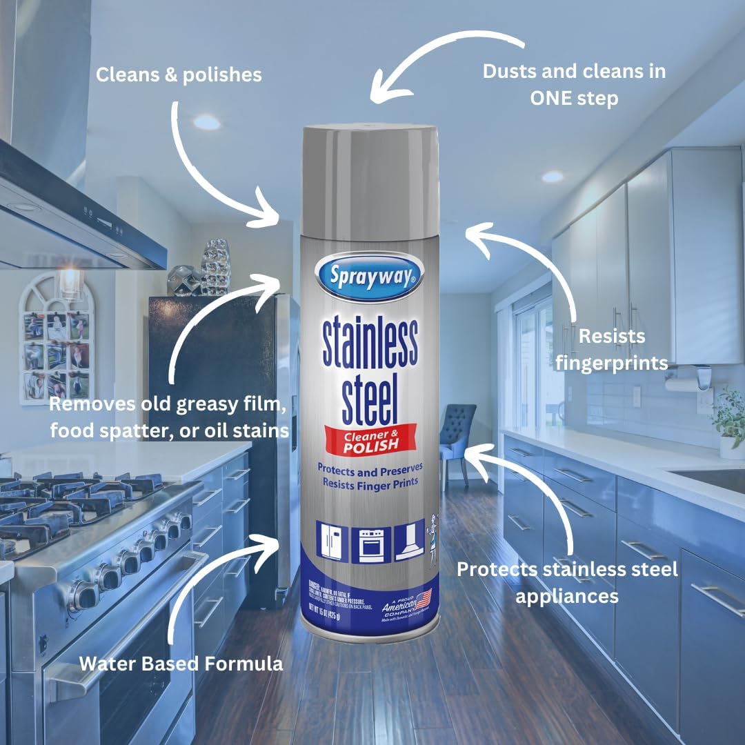 Sprayway Stainless Steel Cleaner Aerosol Spray (Water-Based), 15oz, Pack of 6 | Cleans, Polishes, Protects | Resists Fingerprints | Ideal for All Stainless Steel Appliances & Surfaces