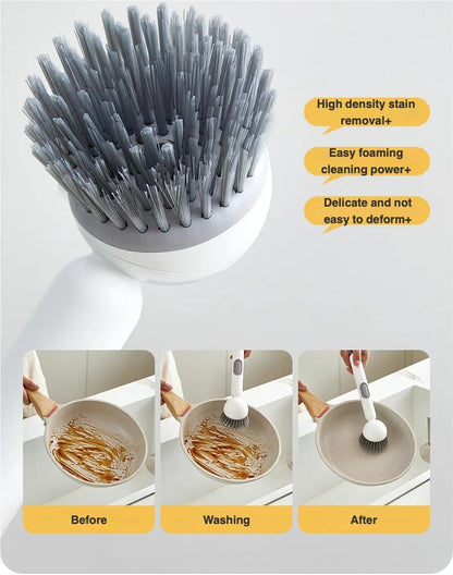 Long-Handled Rotating Pot Brush with Liquid Dispenser | Adjustable Dish Scrubber | Refillable Cleaning Brush for Kitchen | White